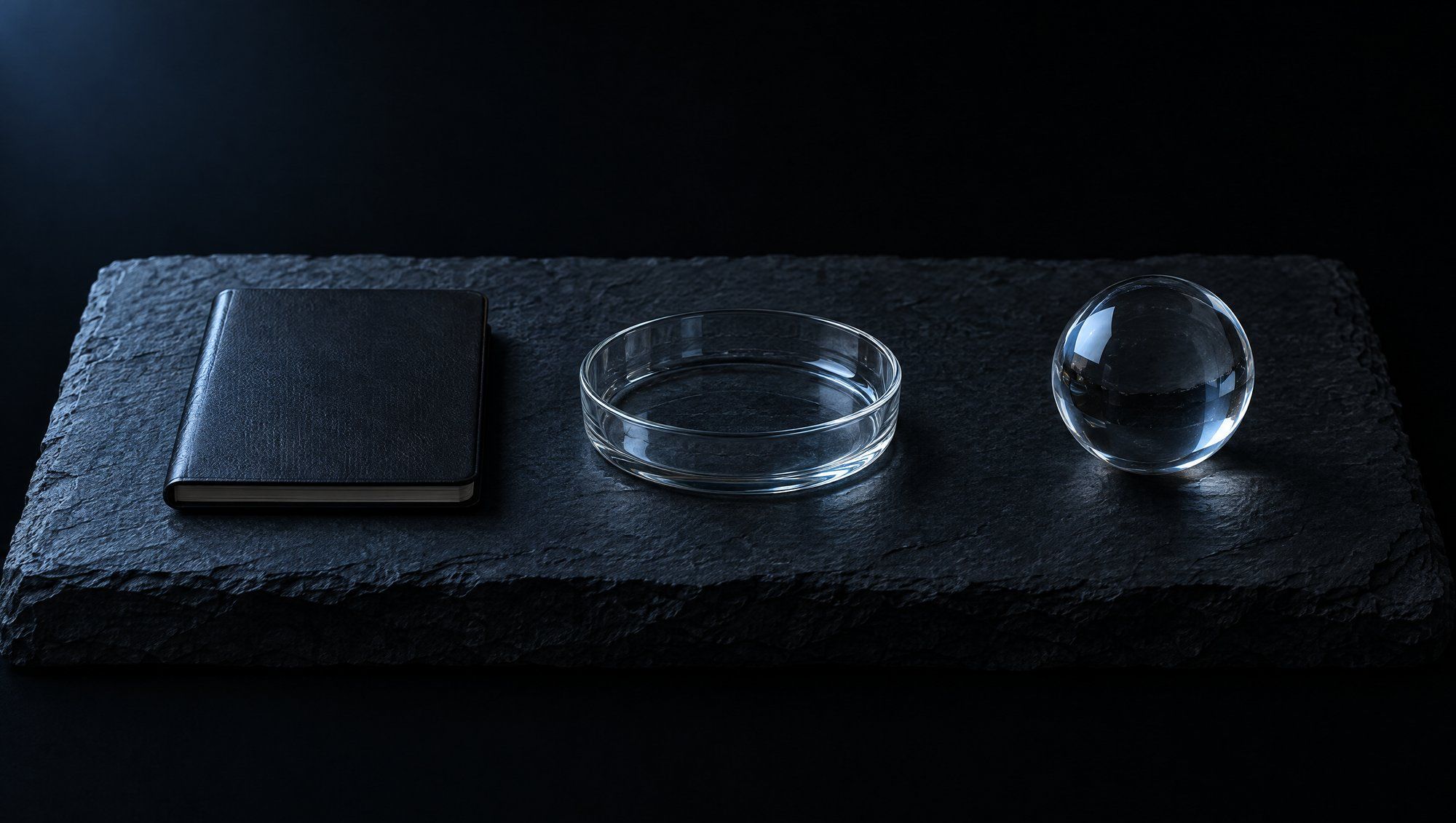 Three objects spaced in a row on a slab of rough dark slate against black: a closed dark leather notebook, a shallow empty clear glass dish and a clear glass sphere, lit by cool slate-blue light from the upper left.