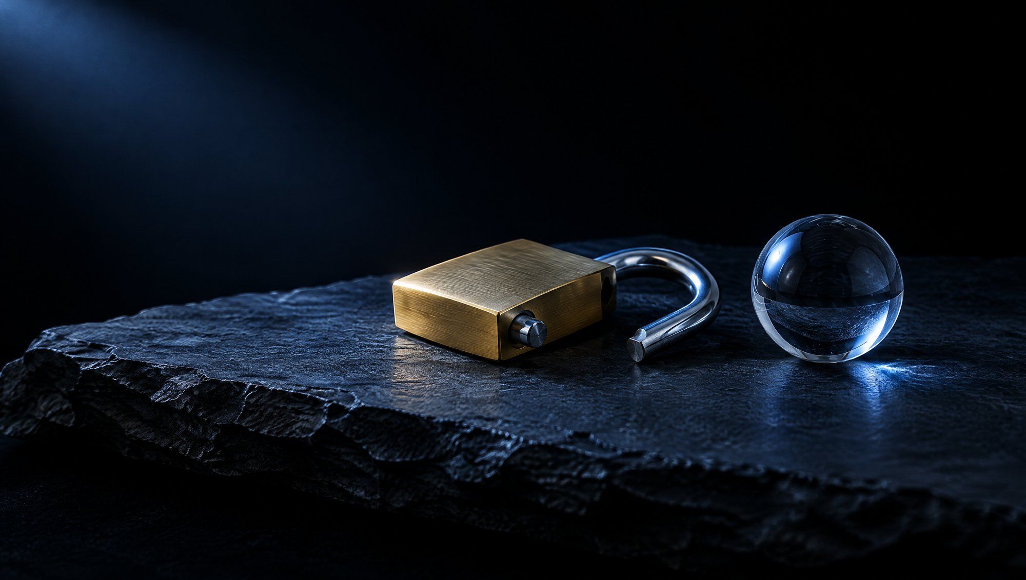 A brass padlock lying on rough dark slate with its steel shackle swung open, a clear glass sphere resting beside it, lit by a cool slate-blue light from the upper left against a black background.