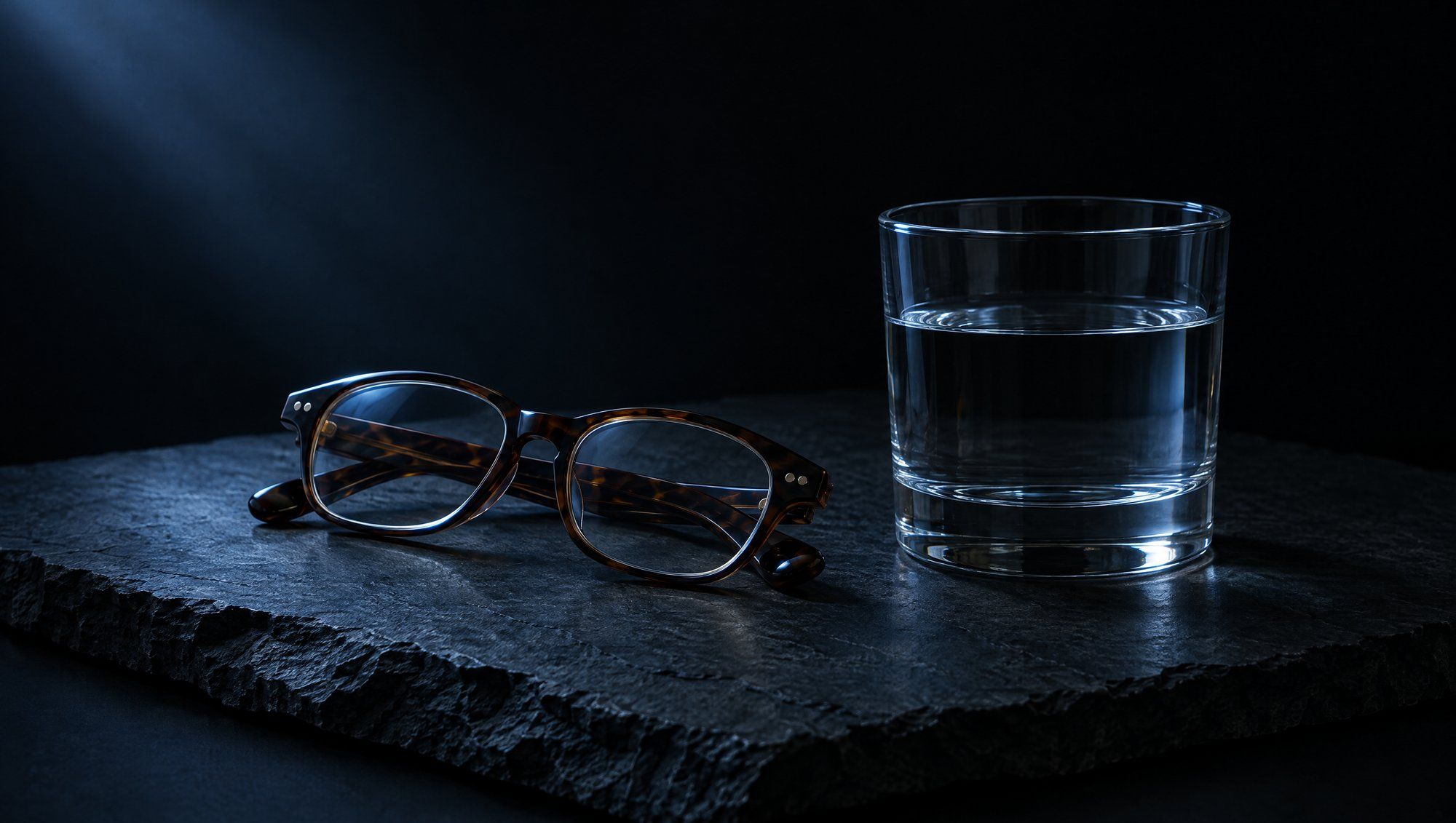 A folded pair of dark tortoiseshell reading glasses beside a clear glass tumbler of still water on a rough slab of dark slate, lit by a soft beam of slate-blue light from the upper left.