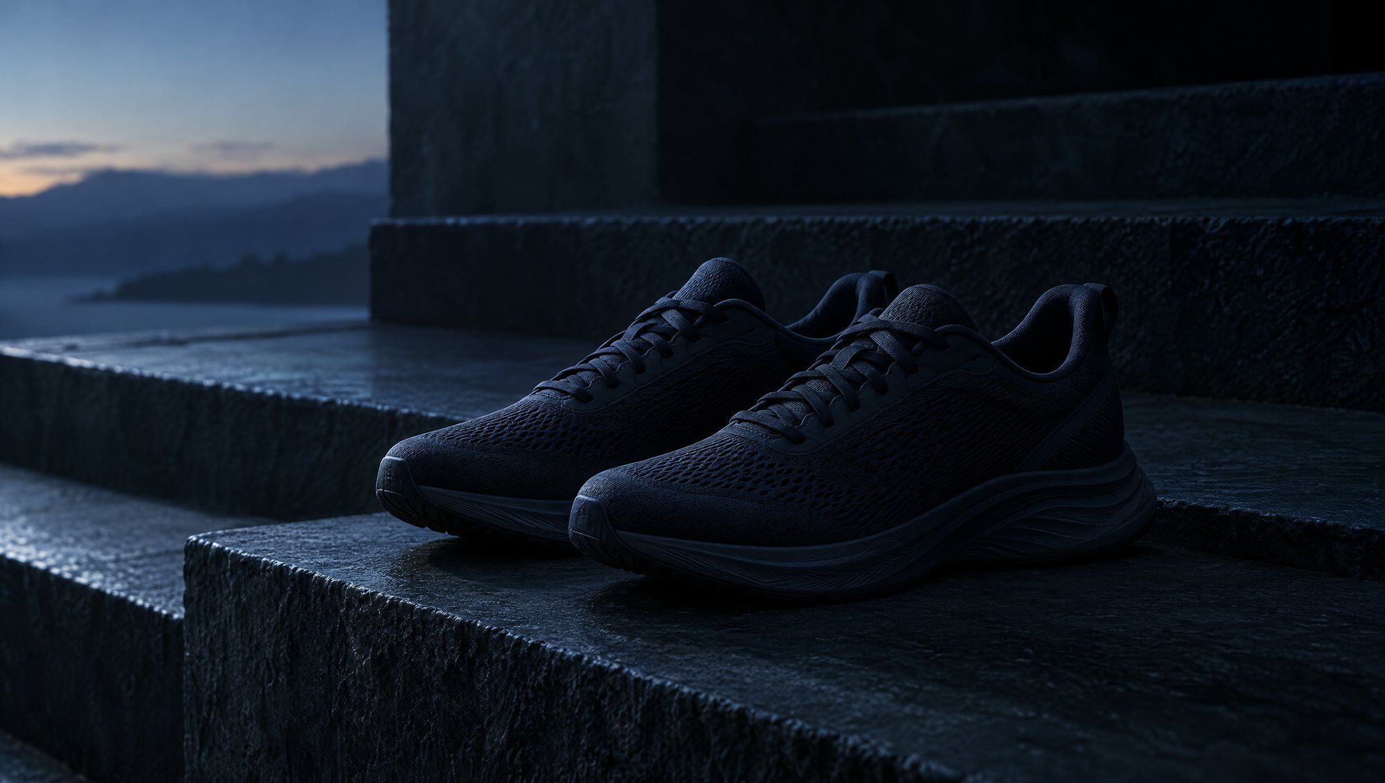 A pair of plain dark running shoes on stone steps at dawn, a sea and hills fading into the blue light behind.