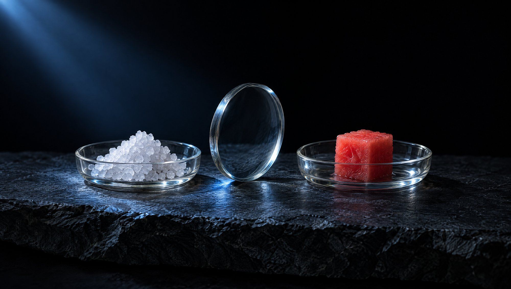 Two shallow glass dishes on rough dark slate, one holding coarse salt crystals and the other a small cube of watermelon, with a round glass lens standing between them in a beam of cool slate-blue light.