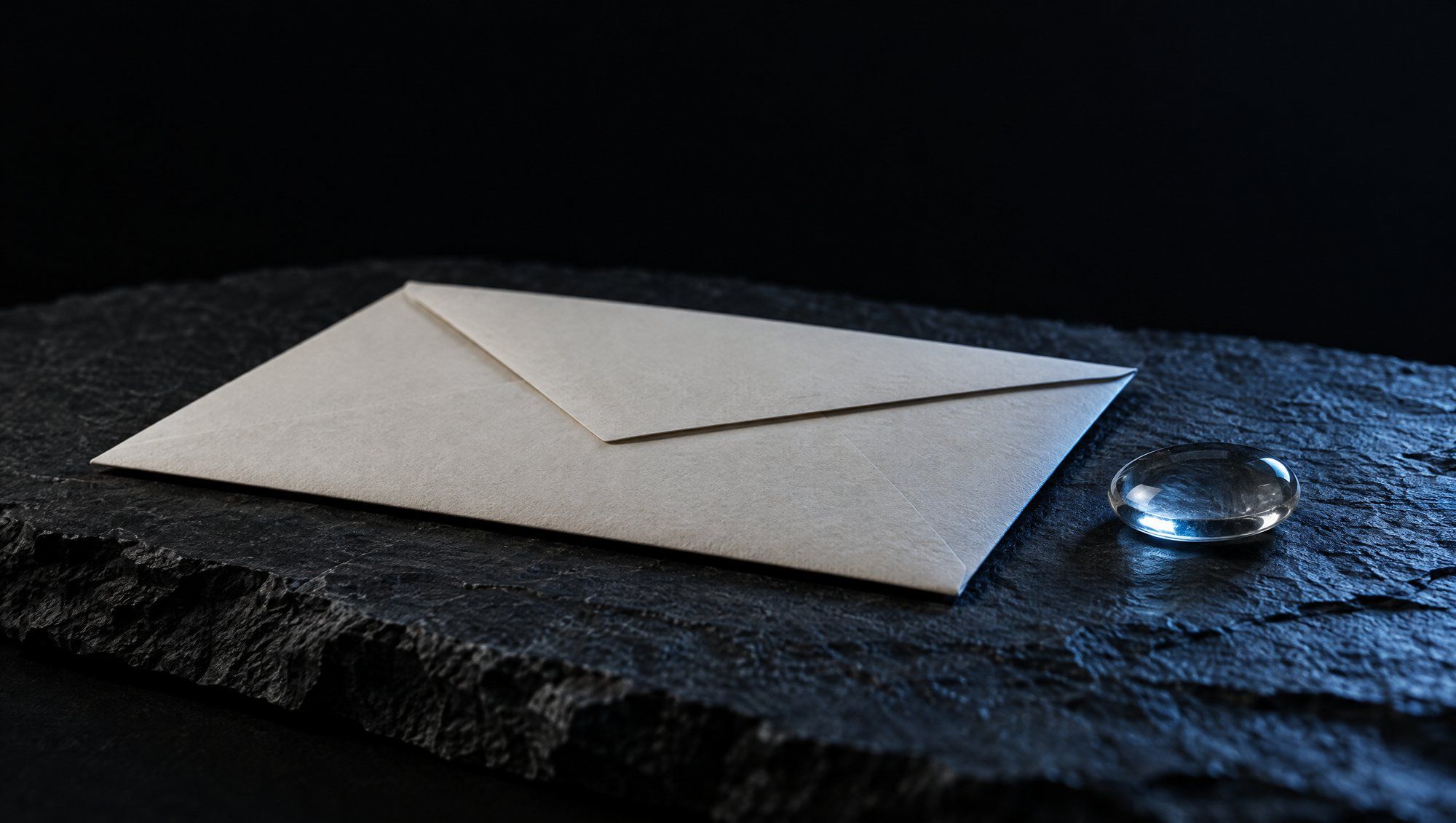 A plain sealed off-white envelope lying on rough dark slate beside a small clear glass pebble, lit from the right by cool slate-blue light against a black background.