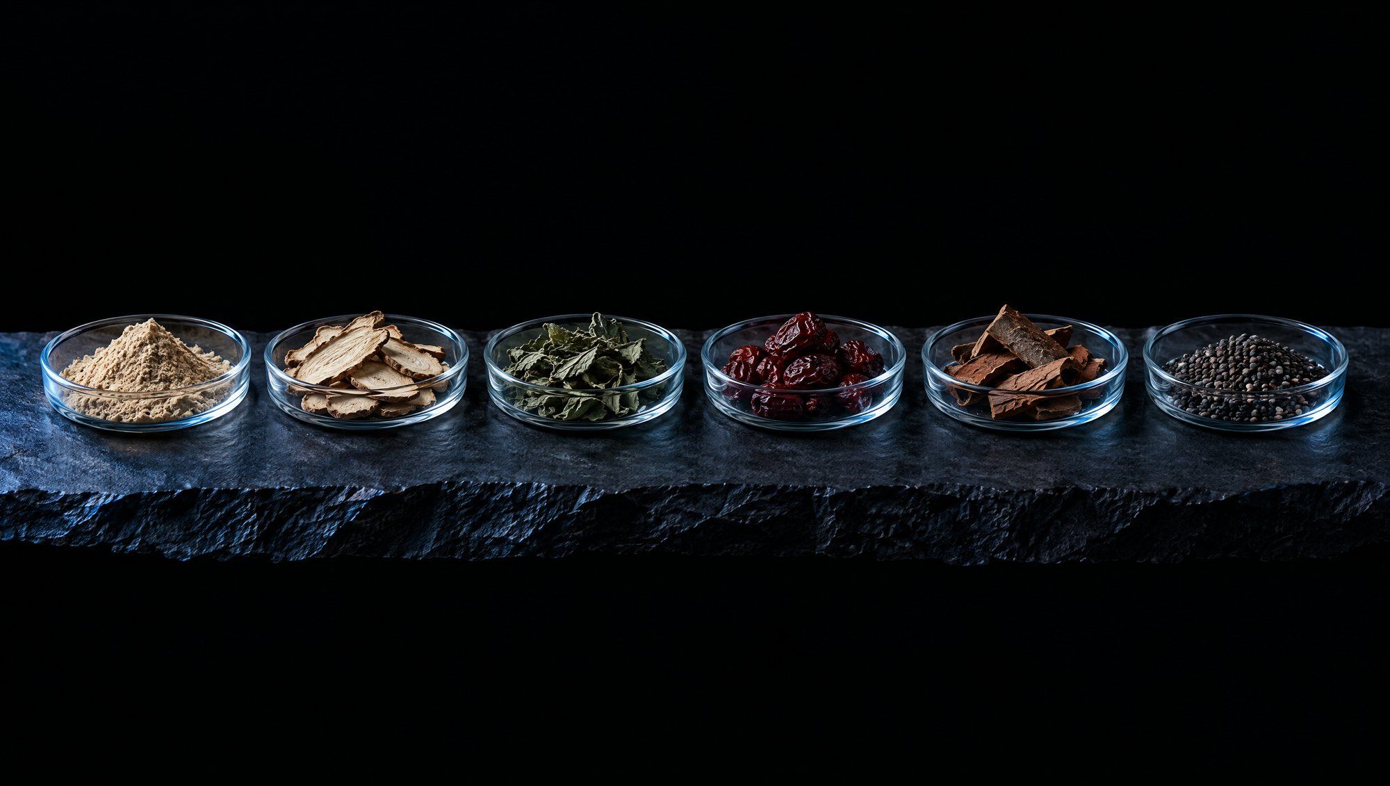 Six small shallow clear glass dishes in a row on a rough dark slate slab against black, holding pale root powder, dried root slices, dried green leaves, dried dark red berries, curled bark pieces and tiny dark seeds, edge-lit in cool slate-blue light.