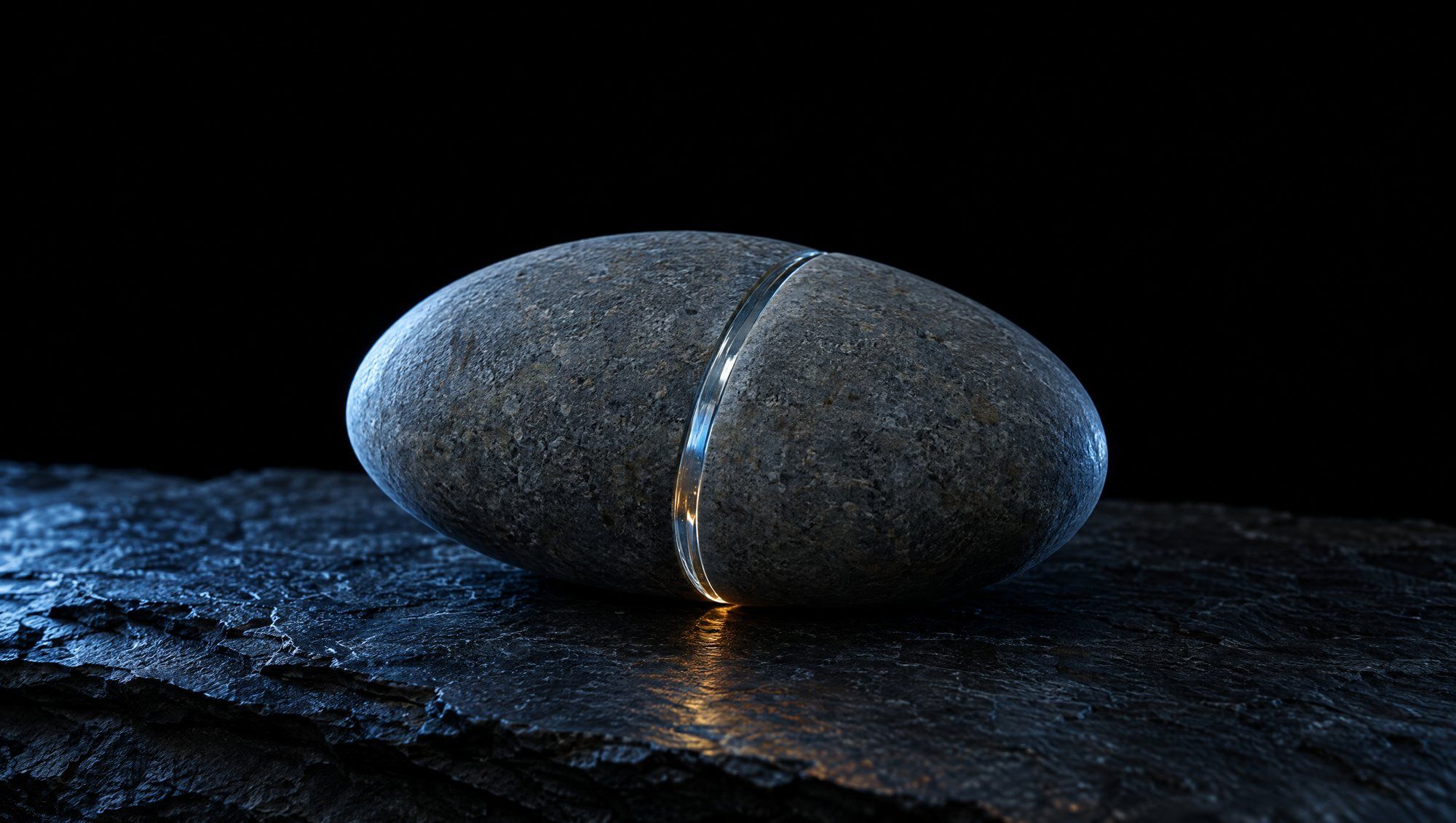 A smooth grey river stone split into two halves and set back together with a thin seam of clear glass, resting on rough dark slate against black, its edges lit in cool slate-blue light with a faint amber reflection on the stone below.