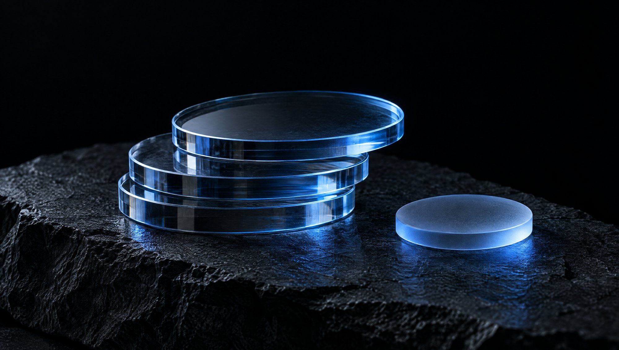 Three clear glass discs stacked slightly off center on rough dark slate beside a single smaller frosted glass disc, against black, their edges rimmed with cool slate-blue light that leaves a faint blue glow on the stone.