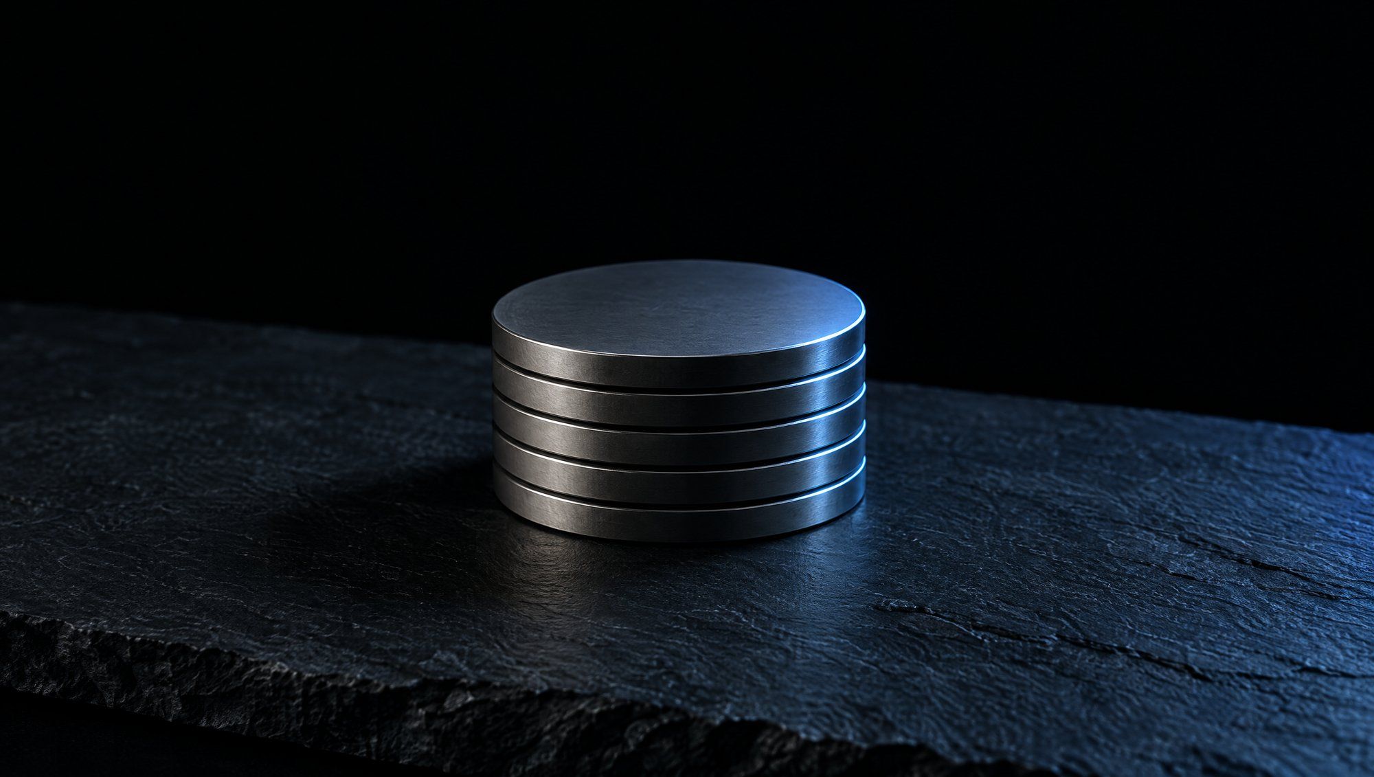 A small stack of plain, unmarked metal discs on dark slate stone, their edges lit in cool blue.