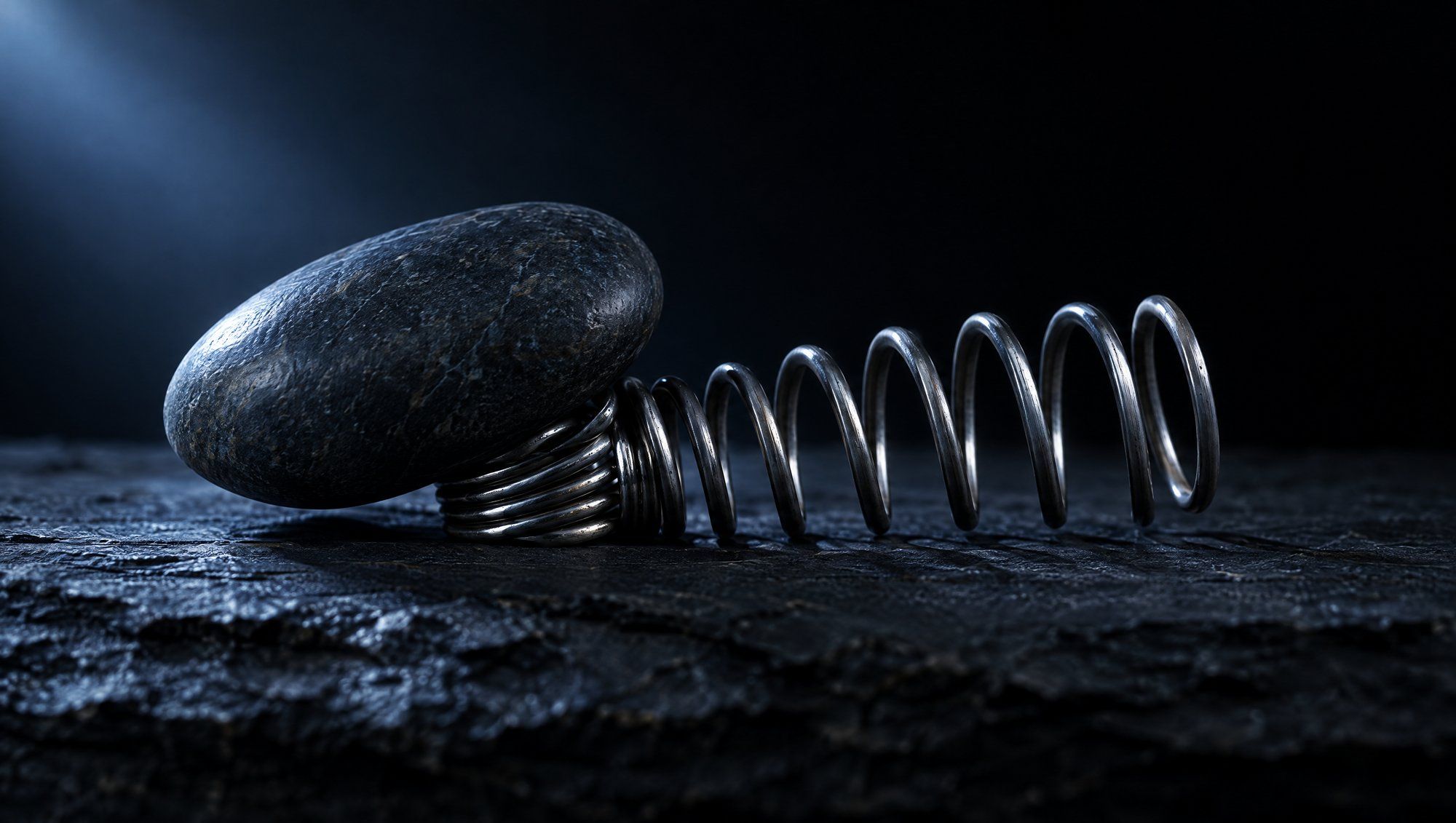 A coiled steel spring lying on its side on rough dark slate against black, one end pressed flat under a smooth dark river stone and the other end open, lit by a soft beam of cool slate-blue light from the upper left.