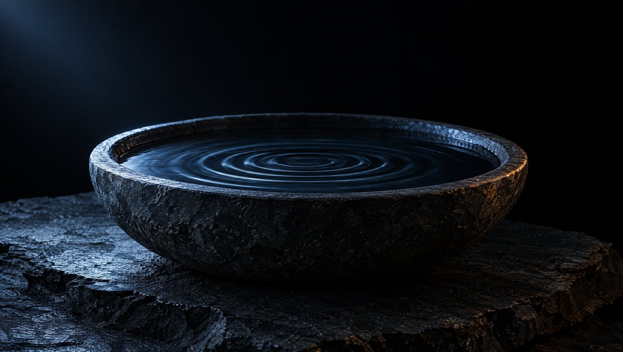 A shallow round dark stone basin of still water on rough dark slate against black, faint concentric ripples spreading across the surface, the ripple edges and rim lit with cool slate-blue light.
