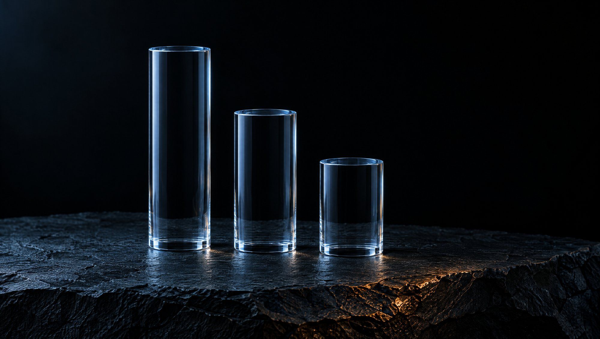 Three clear glass cylinders of different heights standing in a row from tallest to shortest on rough dark slate against black, their edges rimmed in cool slate-blue light with a faint amber glint on the stone.