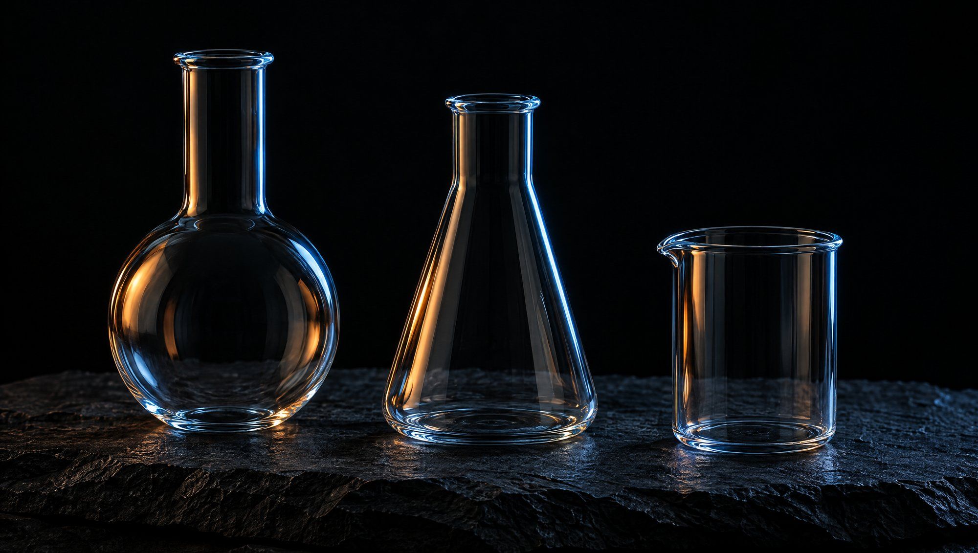 Three empty pieces of clear laboratory glassware, a round-bottom flask, a conical flask and a beaker, standing in a row on dark slate stone against black, their edges rimmed in cool slate-blue light with a faint amber reflection.