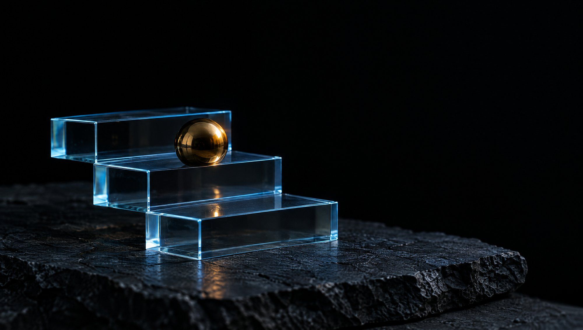 A small staircase of three clear glass steps on rough dark slate against black, a polished brass sphere resting on the middle step, the glass edges lit in cool slate-blue light and the sphere catching a warm amber glint.