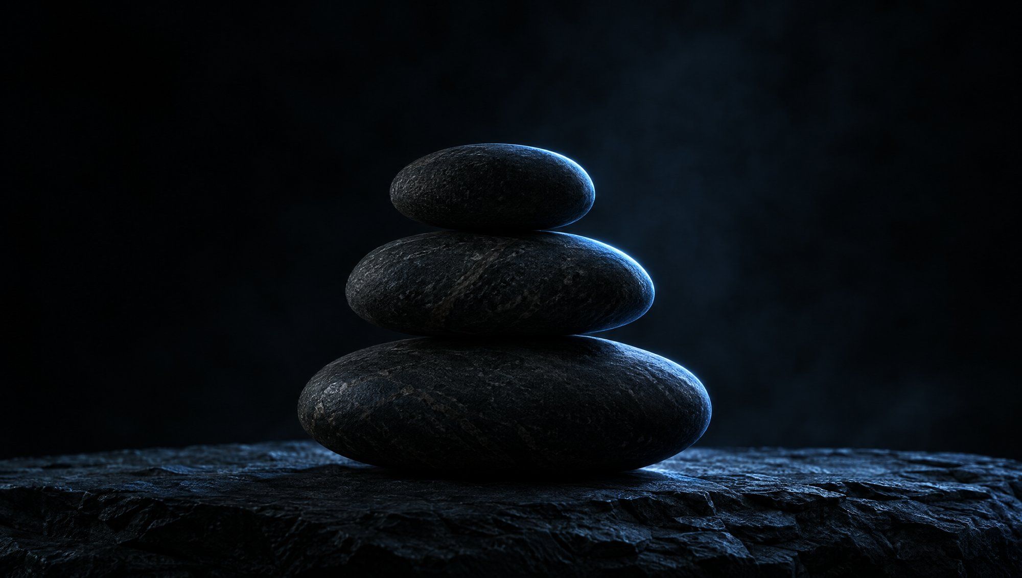 Three smooth dark river stones of different sizes stacked in a small cairn on rough dark slate against black, their edges lit in cool slate-blue light.
