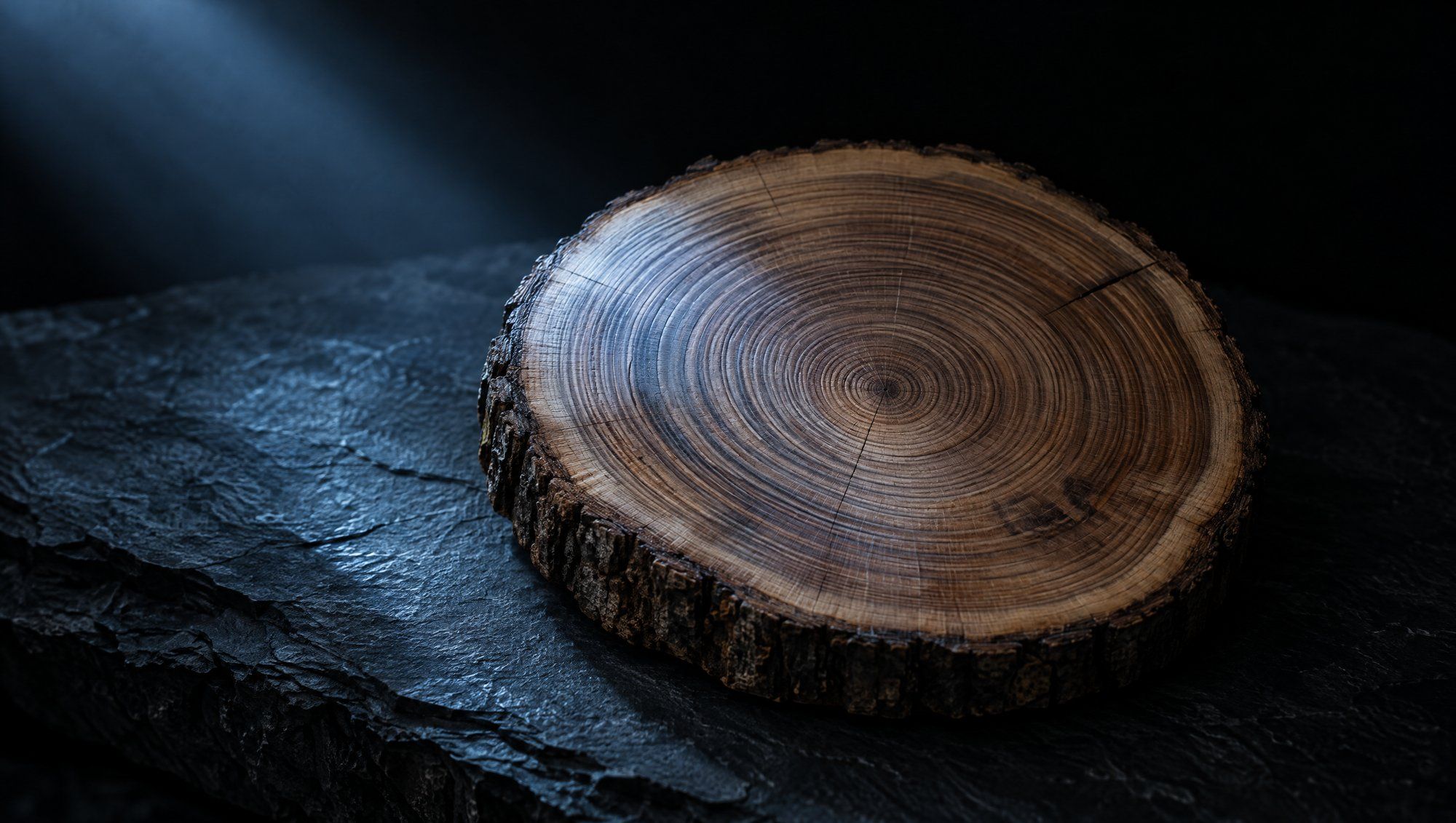 A thick slice of tree trunk with bark around its edge and many concentric growth rings, resting on rough dark slate under a soft beam of slate-blue light from the upper left.