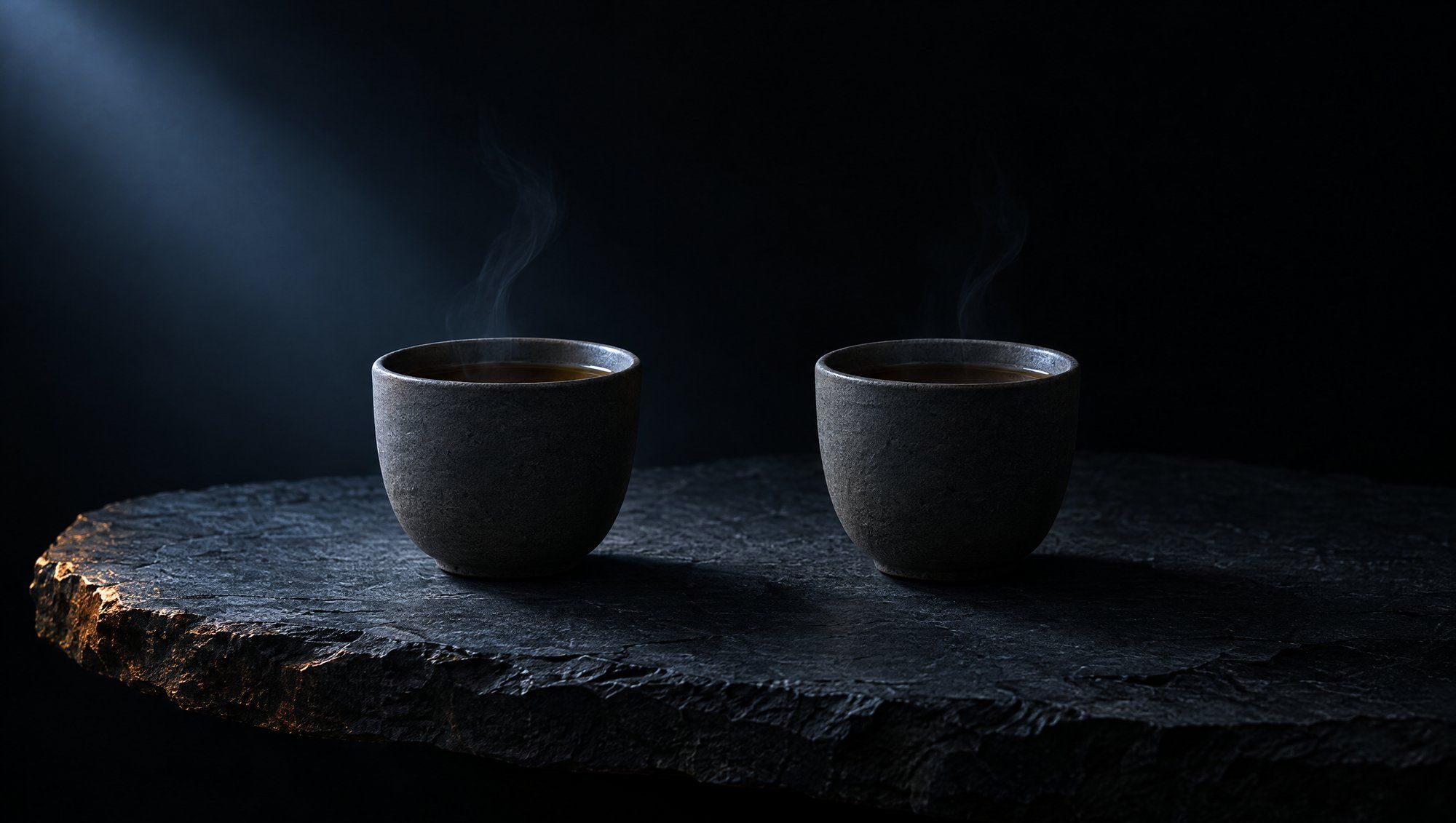 Two handleless dark grey ceramic tea cups standing a short distance apart on a slab of rough dark slate against black, thin wisps of steam rising from each, lit by a soft beam of cool slate-blue light from the upper left with a faint amber glint on the stone edge.