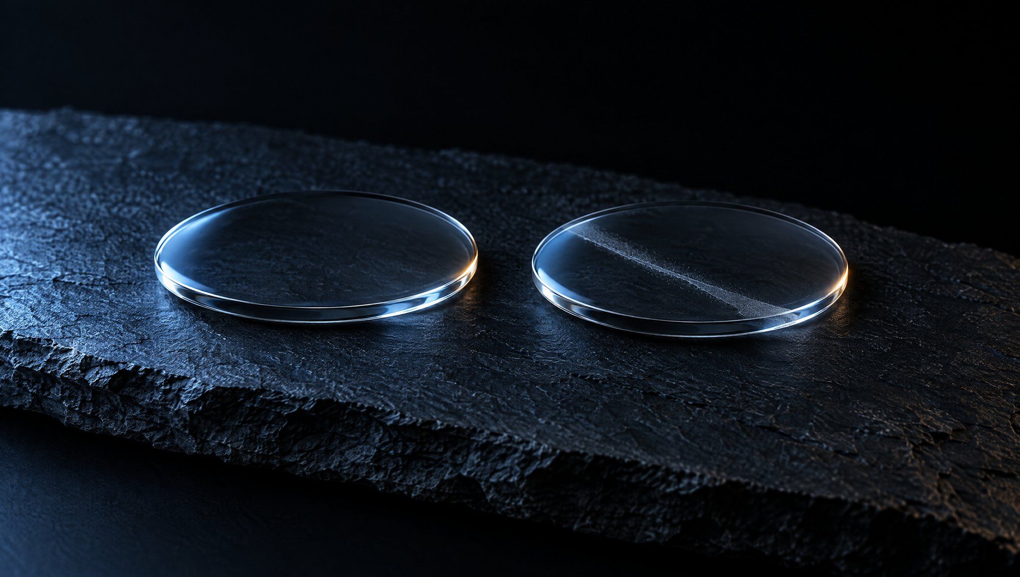 Two clear oval glass discs side by side on a rough slab of dark slate against black, the right one crossed by a thin frosted seam, both rims lit in cool slate-blue light with a faint amber glint.