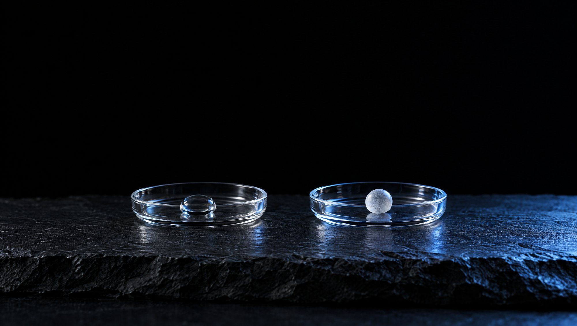 Two small shallow clear glass dishes side by side on rough dark slate against black, the left holding a single bead of clear liquid and the right a small frosted white glass bead, both edged by cool slate-blue light.