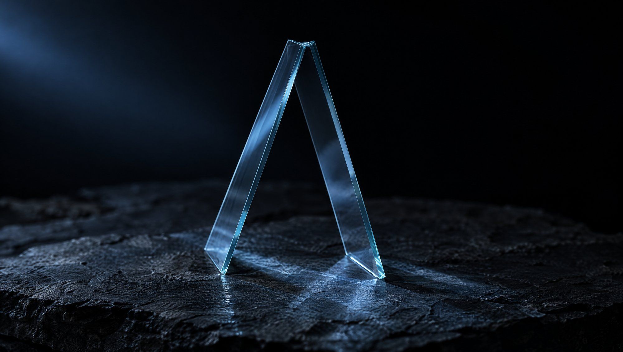 Two thin panes of clear glass leaning against each other at their top edges on rough dark slate against black, cool slate-blue light passing through both and casting faint reflections on the stone.
