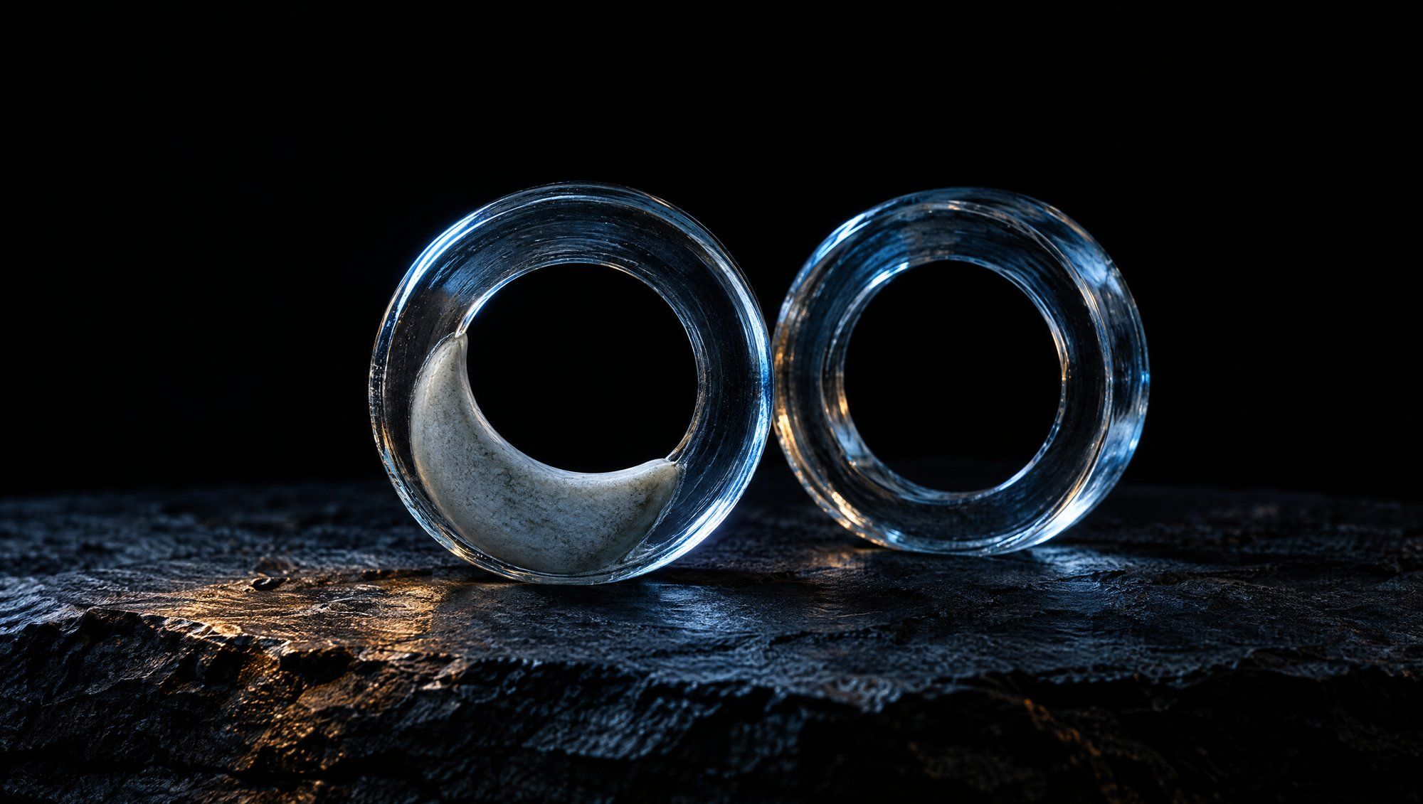 Two thick clear glass rings standing on edge on rough dark slate against black, the left ring with a pale grey crescent of stone fused inside its lower wall that narrows its opening, the right ring fully open, both edged in cool slate-blue light with a faint amber glint on the slate.