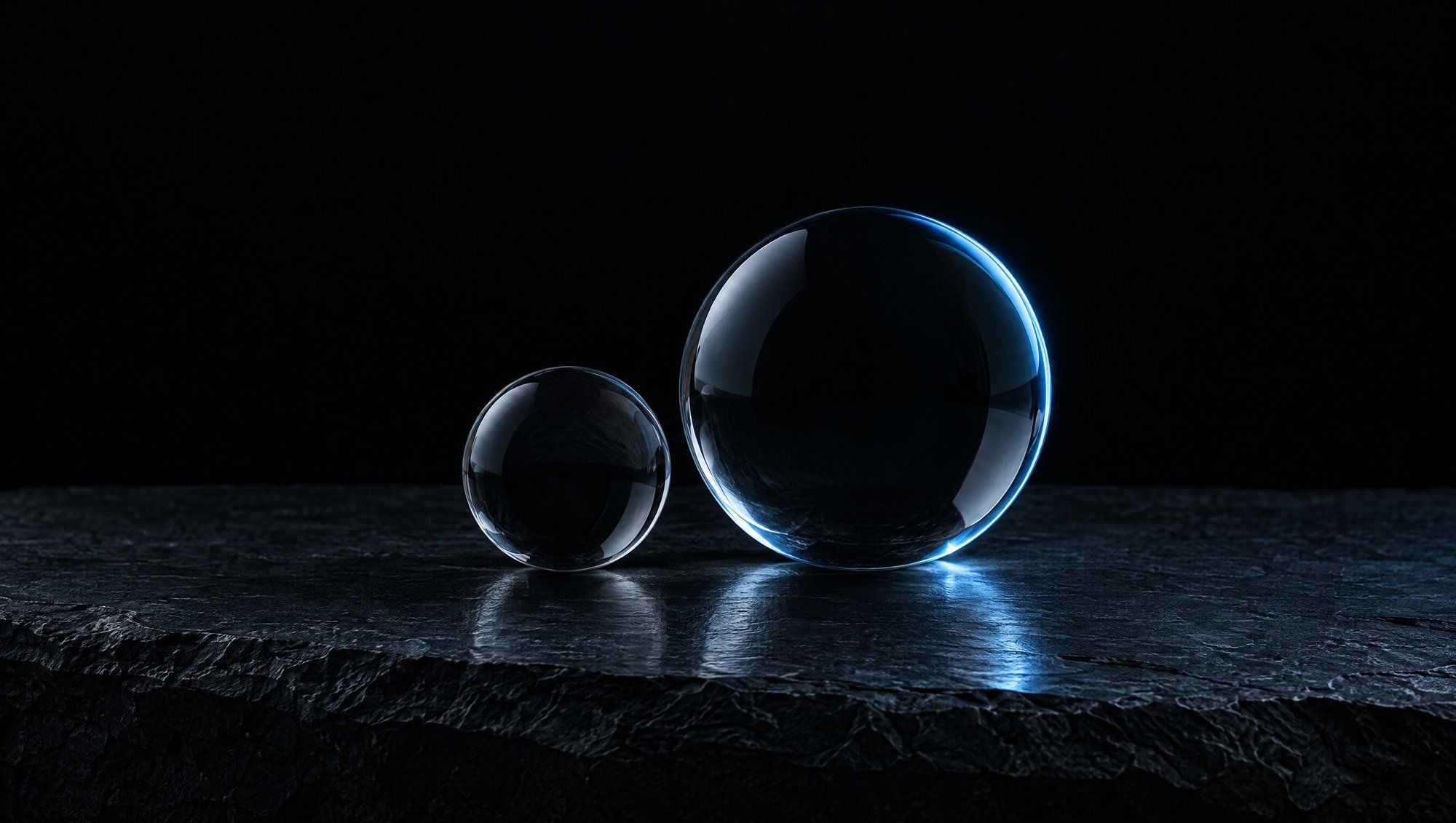 Two clear glass spheres of different sizes resting side by side on dark slate stone, the larger one rimmed in cool slate-blue light.