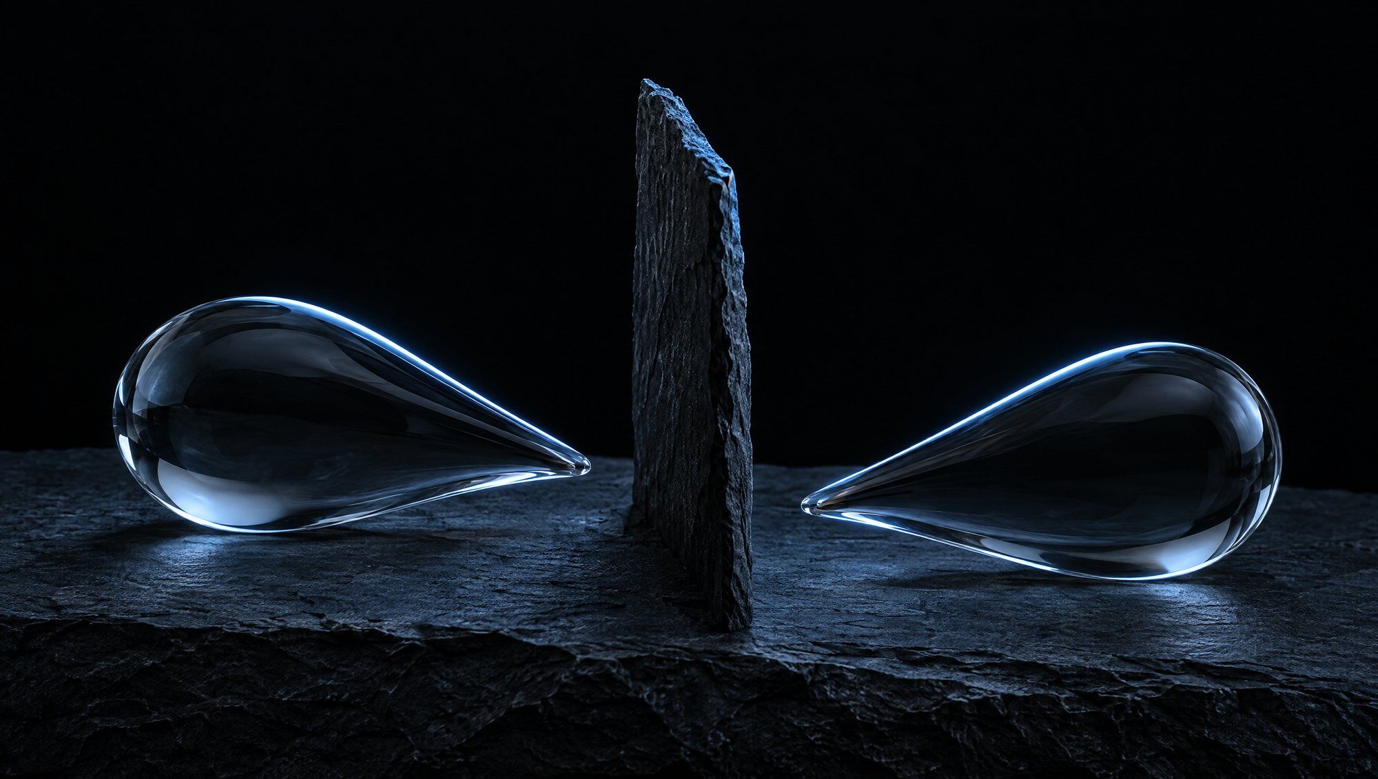 Two clear glass teardrop shapes lying on rough dark slate, pointing toward each other but kept apart by a thin upright slab of dark stone, their rims lit with cool slate-blue light against a black background.
