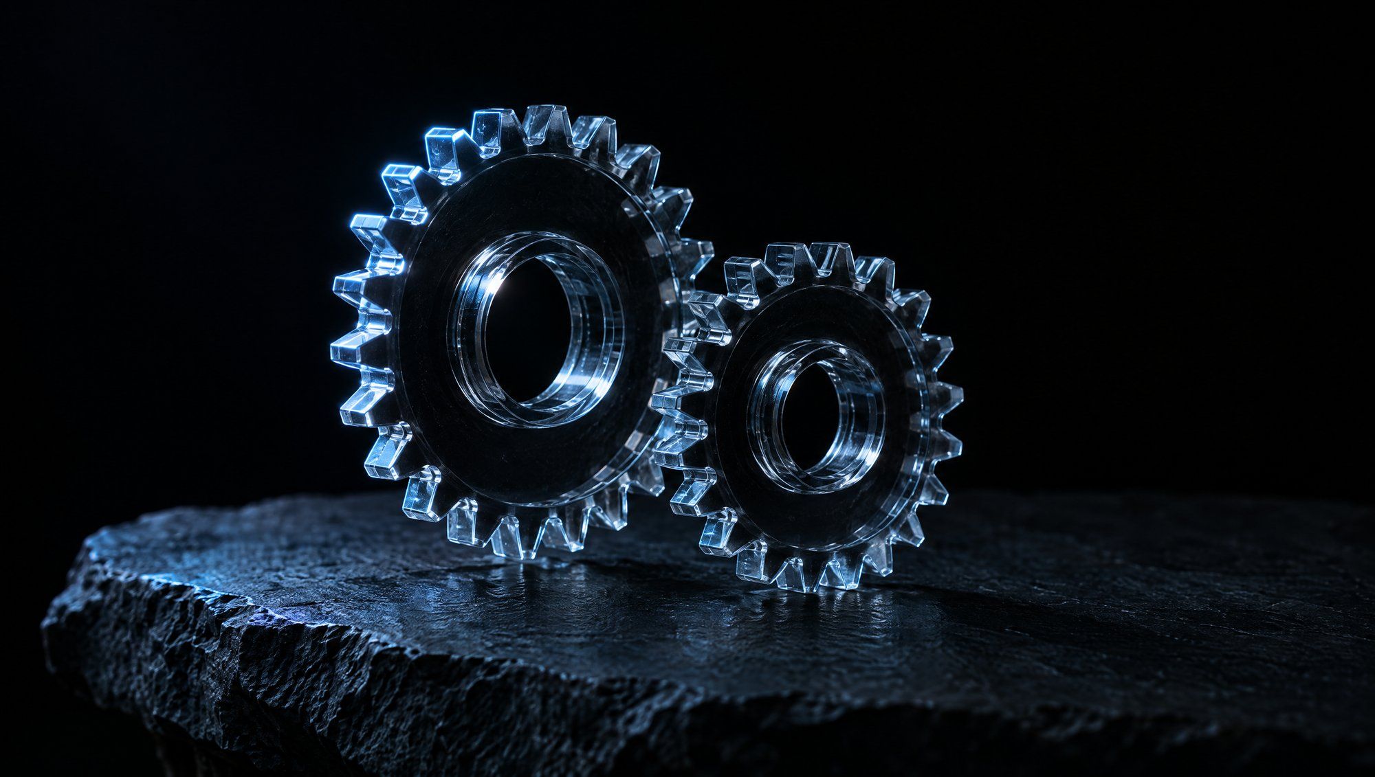 Two clear glass gears, one larger and one smaller, with interlocking teeth standing upright on rough dark slate against black, their teeth lit with cool slate-blue light.