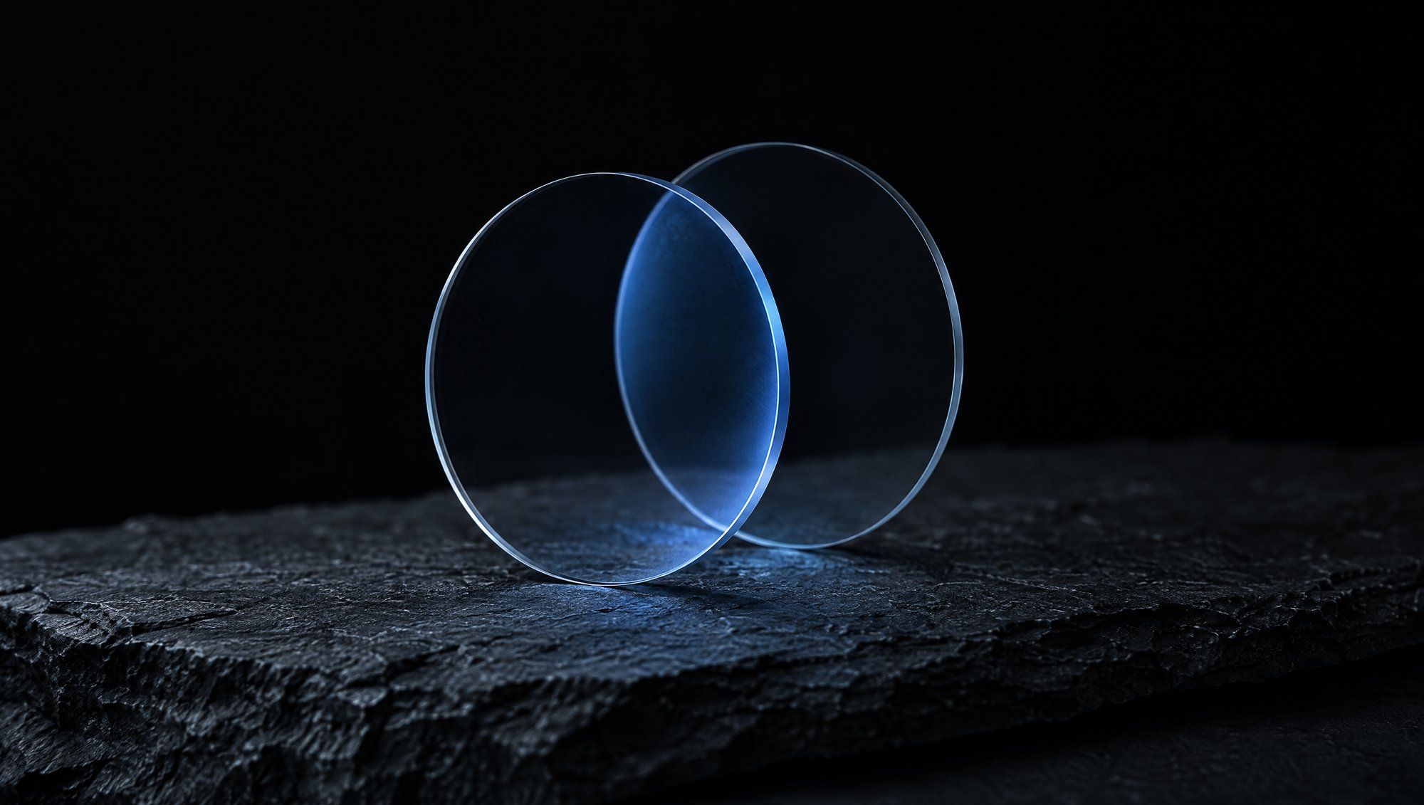 Two thin, clear glass discs standing upright on rough dark slate against black, one partly in front of the other, with cool slate-blue light caught where they overlap.