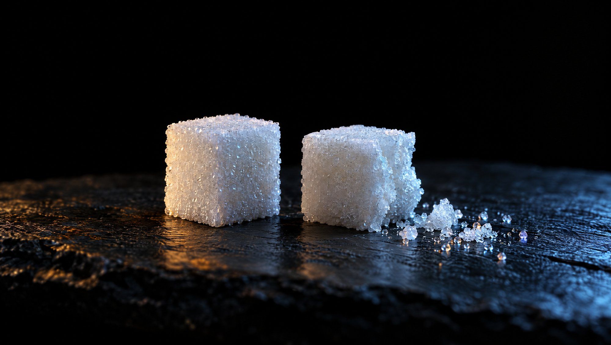 Two white sugar cubes on rough dark slate against black, one intact and one slightly crumbled with a few loose crystals beside it, lit from the side by cool slate-blue light with a faint amber reflection on the stone.