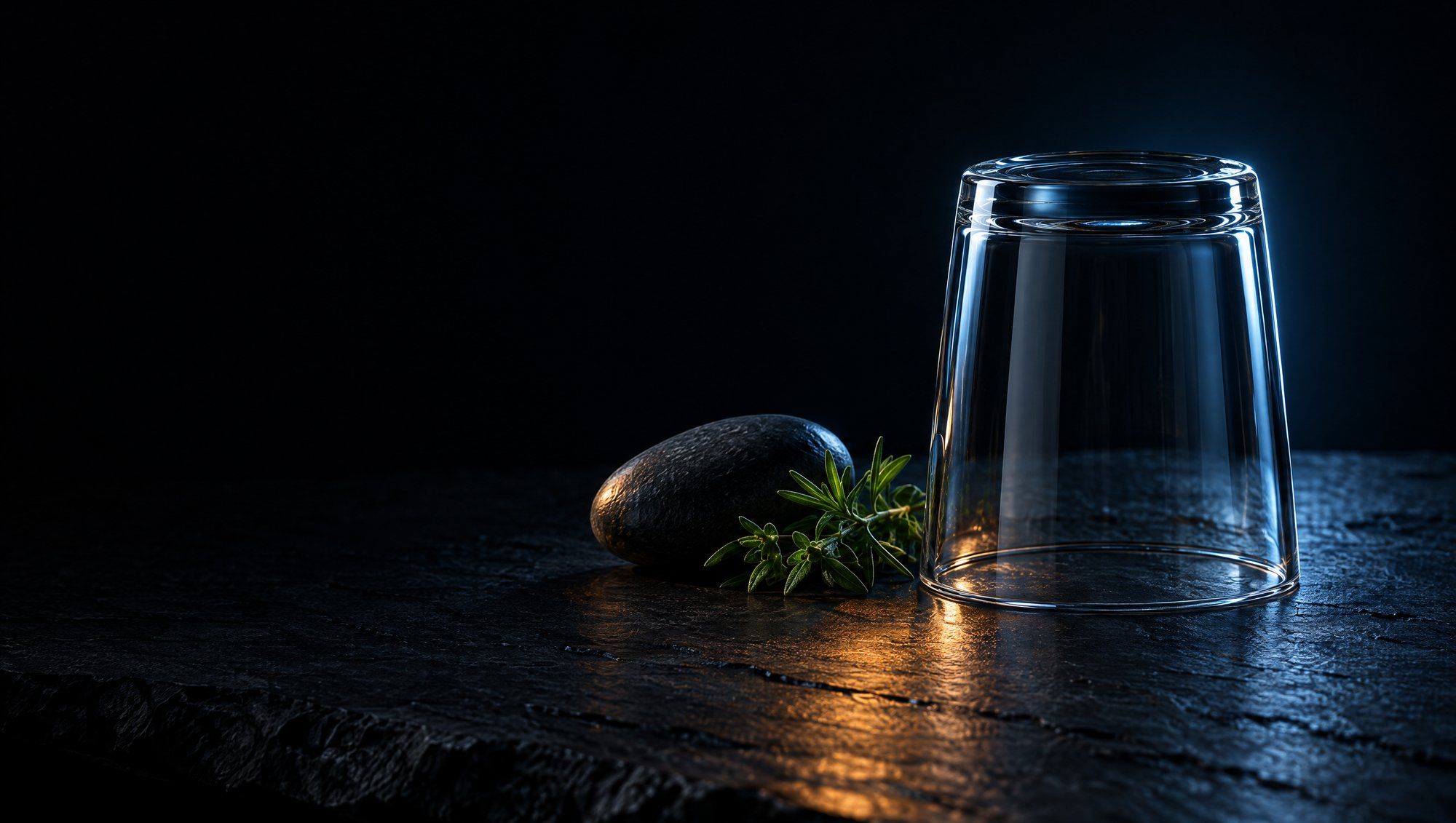 An empty clear drinking glass turned upside down on rough dark slate beside a smooth dark river stone and a small sprig of green herbs, its edges lit in cool slate-blue light with a warm amber glow on the stone surface.