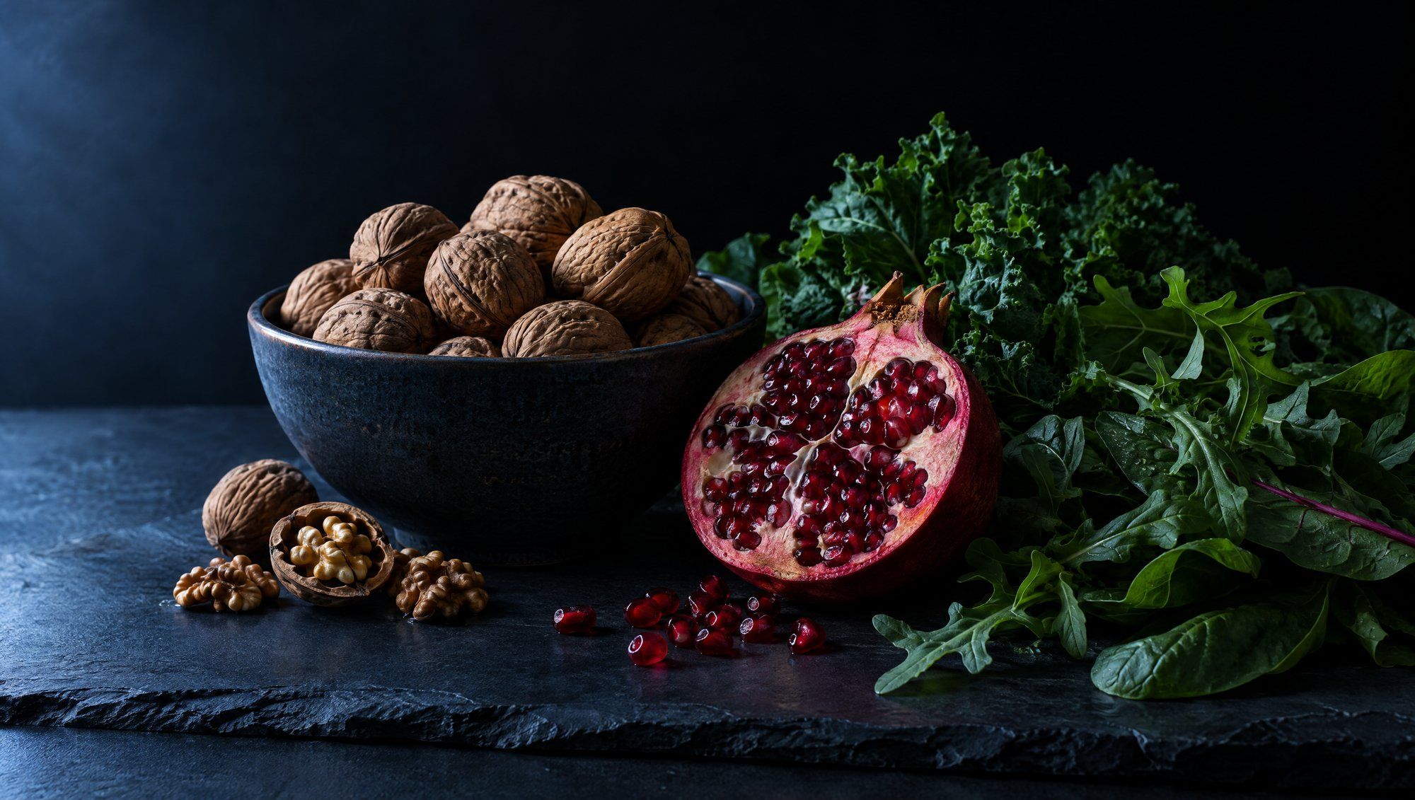 A dark ceramic bowl of walnuts beside half a pomegranate and fresh leafy greens on a slate table, lit in cool blue light.