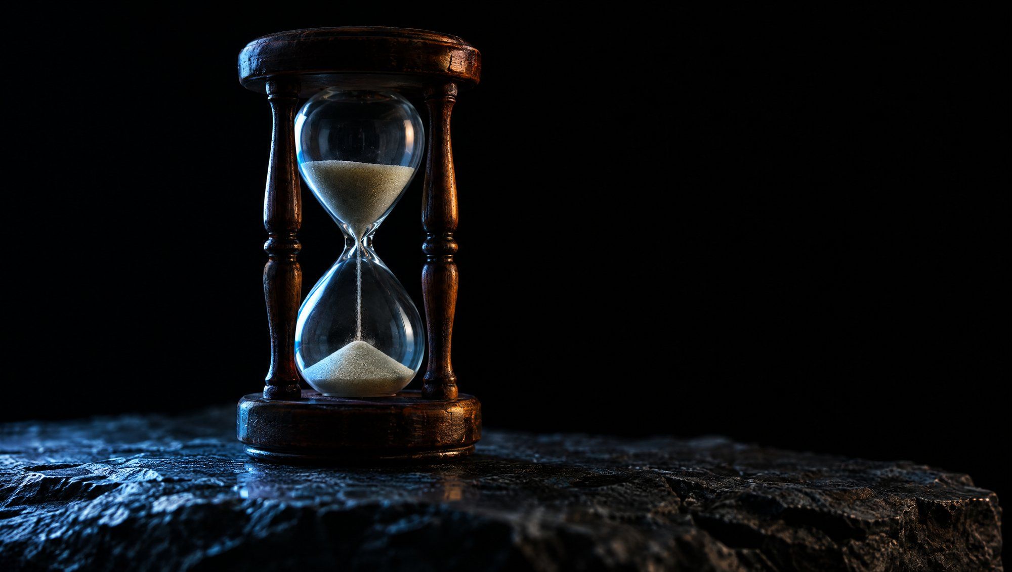 An antique hourglass with a dark wooden frame standing on rough dark slate against black, a thin thread of pale sand falling through its waist, the glass edged in cool slate-blue light.
